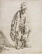 REMBRANDT Harmenszoon van Rijn Beggar in a high cap,Standing and Leaning on a stick painting